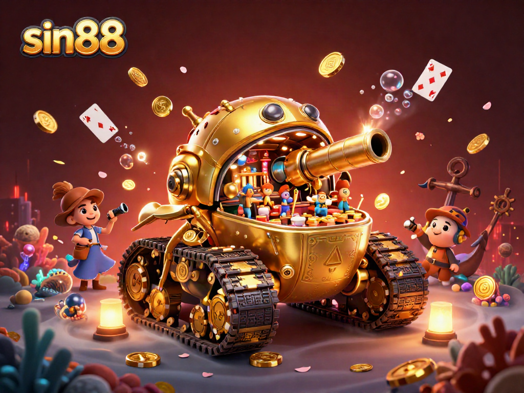 Win big with sin88 in this vibrant 3D casino, featuring a golden beetle tank and festive elements.