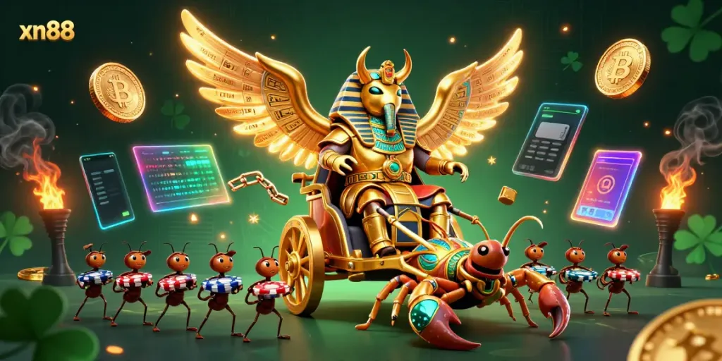 Engage with xn88's vibrant casino scene featuring a golden scarab beetle and rich game elements.