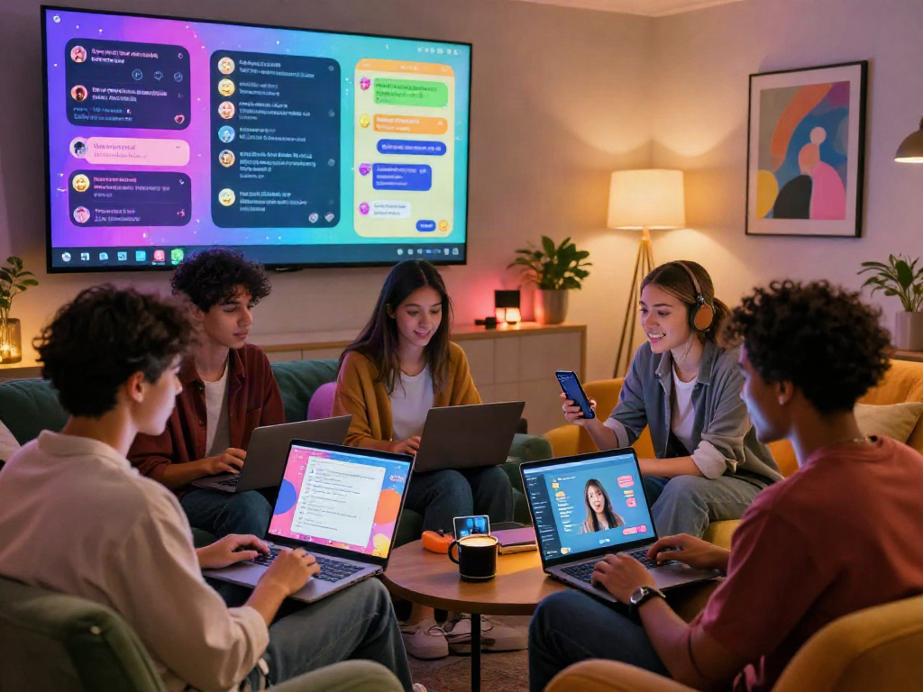Engaging nsfw chat scene with diverse individuals using personal devices in a vibrant lounge setting.