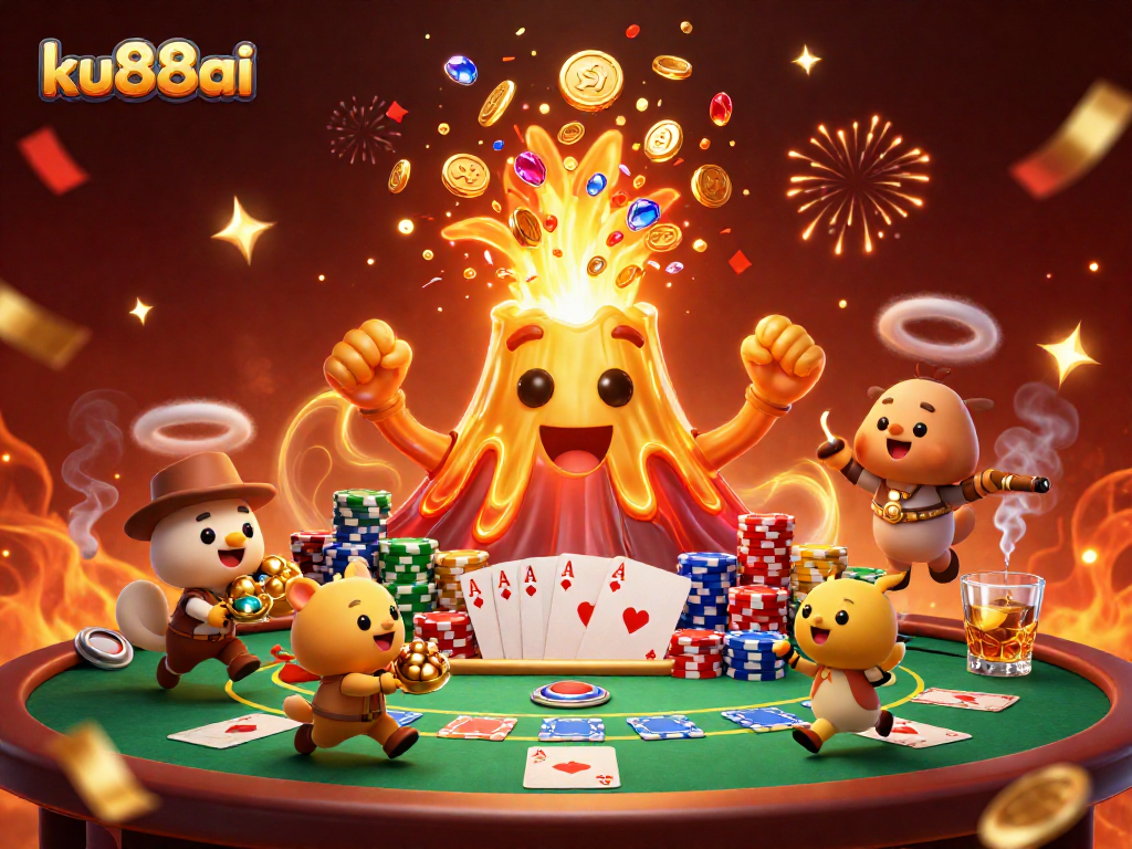 Experience treasure-filled excitement with ku88ai, featuring a triumphant golden volcano surrounded by poker chaos.