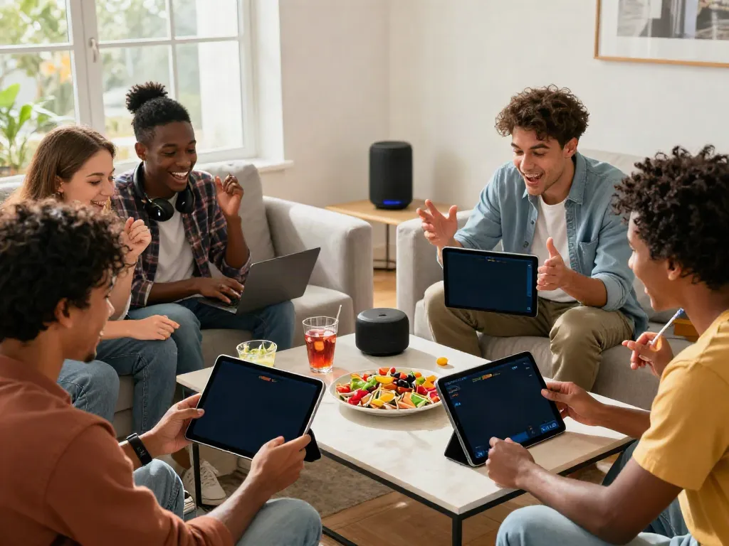 Online betting excitement at https://five888vin.com/ as friends gather to place bets in a modern living room.