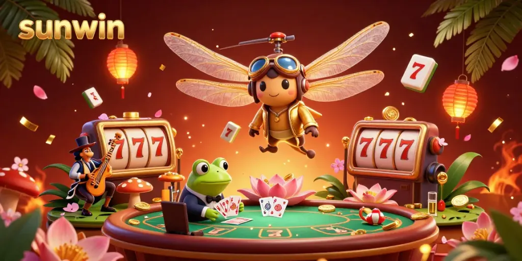 Experience exciting gameplay with sunwin at a colorful lily pad casino, featuring vibrant characters and rich casino elements.