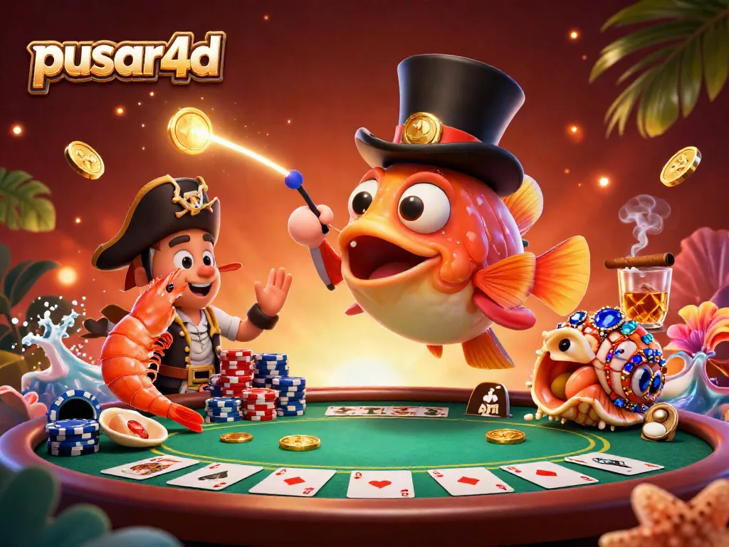Pusar4d showcases an engaging underwater casino scene with an anglerfish, shrimp, and sea snail amidst dynamic poker elements.