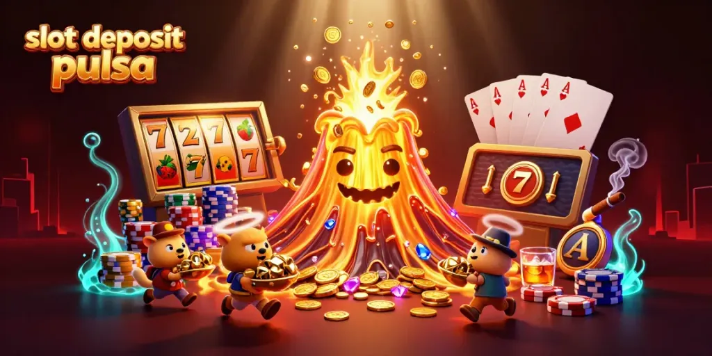 Experience slot deposit pulsa excitement with a volcano erupting treasure amidst a dynamic casino scene.