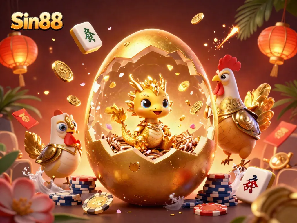 Sin88 showcases a golden dragon among poker chips in a vibrant casino scene.