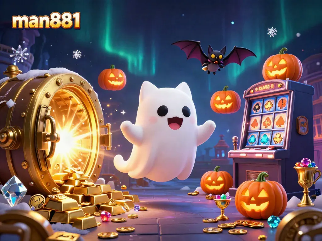 Experience thrilling gaming at man881 with a ghost cat and vampire bat exploring a haunted casino.