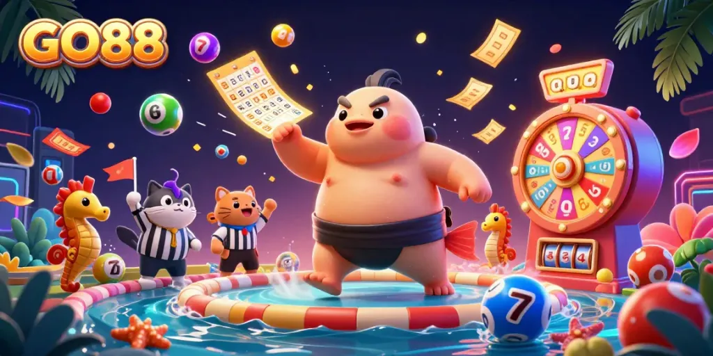 Experience GO88's vibrant underwater casino scene featuring a fugu and thrilling game elements.