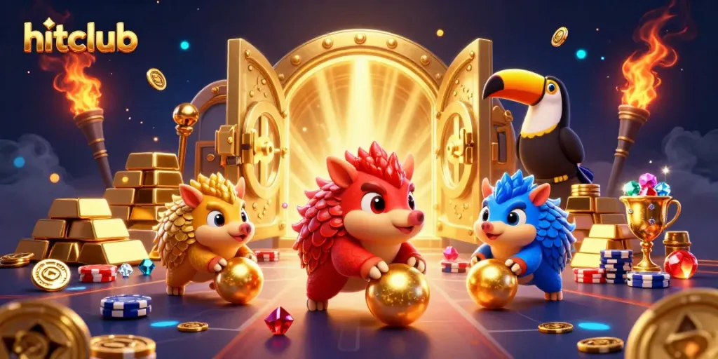 Hitclub pangolins bowling through poker chips, showcasing a vibrant casino atmosphere.