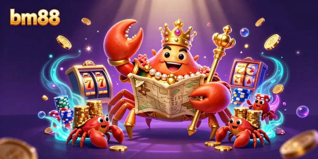 Engage with the bm88 online casino featuring a majestic crab emperor amid dazzling slot machines and treasures.