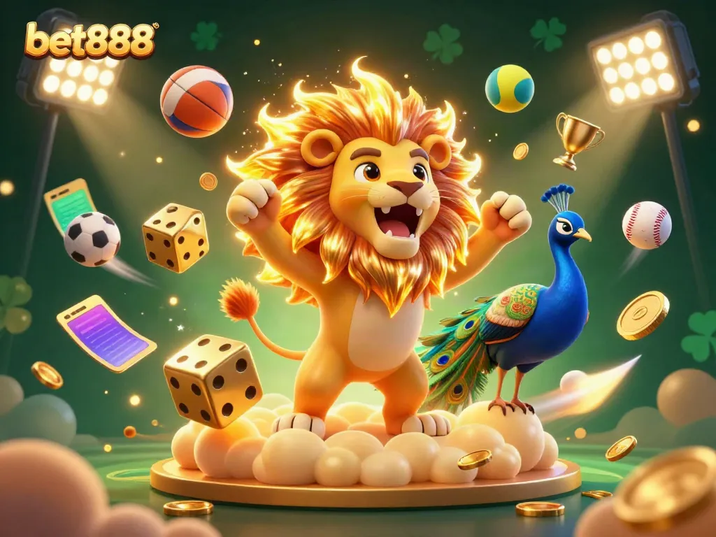 Experience the thrill of bet888 with dynamic casino elements and a roaring lion amidst a vibrant backdrop.