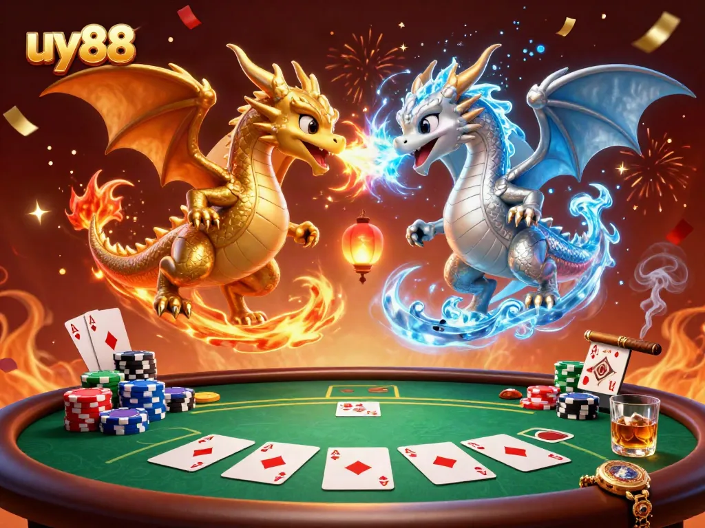Experience the thrill of uy88 casino with dynamic dragons, poker elements, and celebratory effects in this vibrant 3D illustration.