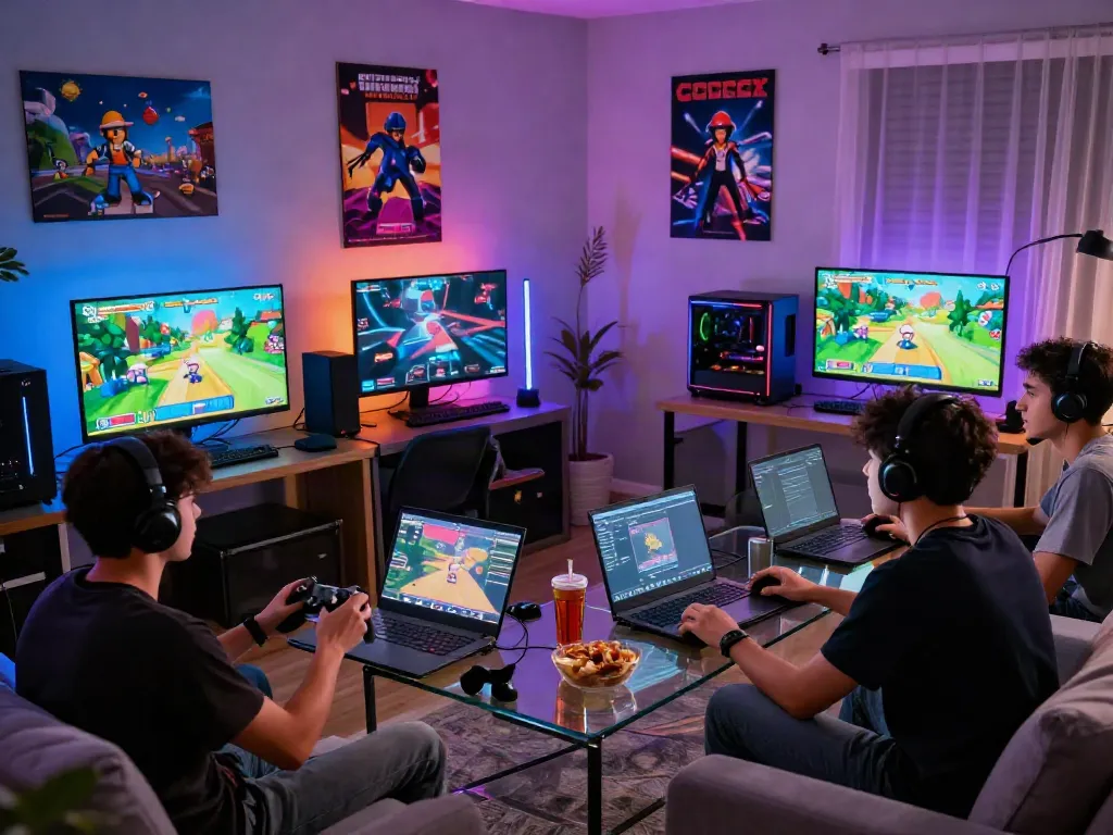 Group of gamers enjoying pecah 404 gaming experience in a modern living room.