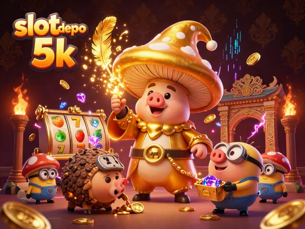 Experience the magic of slot depo 5k with a wizard, truffle pig, and golden treasures in this vibrant gaming scene.