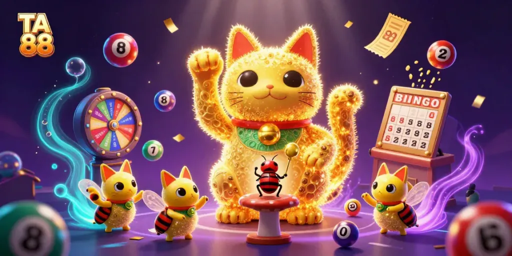 Experience the excitement of TA 88 with golden fireflies transforming into a lucky cat amidst vibrant casino symbols.