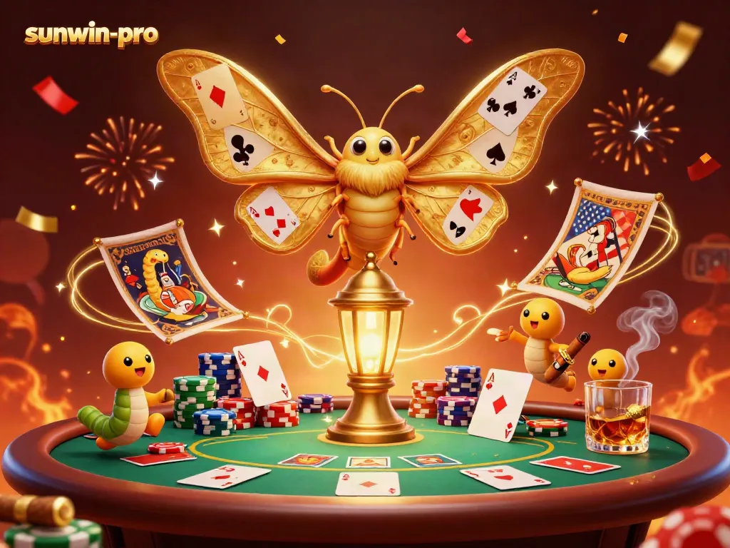 Engage in the casino experience with sunwin-pro, showcasing vibrant poker elements and a stunning 3D moth.