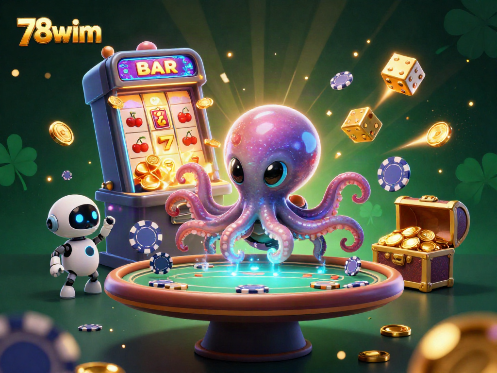 Engage with 78wim in a vibrant casino scene featuring an alien octopus and dynamic slot machine action.
