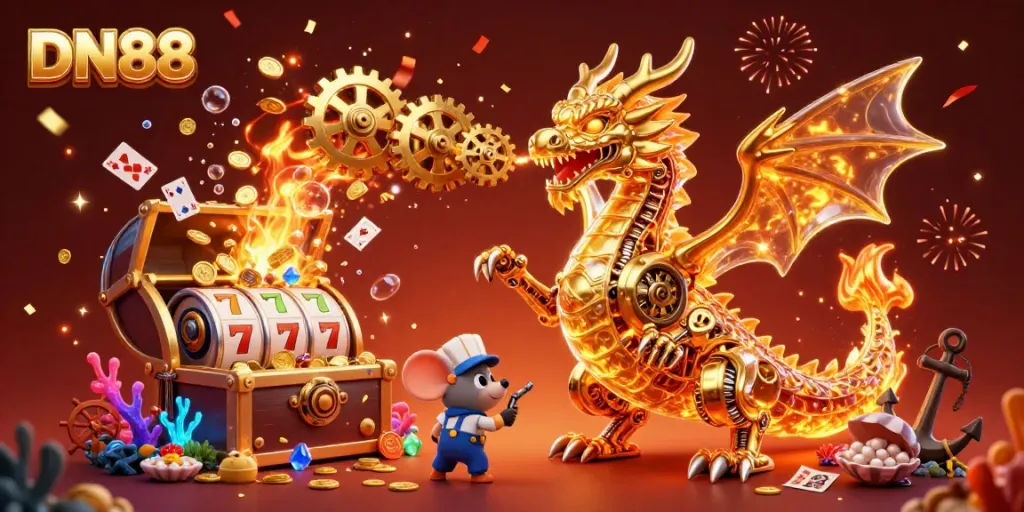 Experience the thrill of DN88 with a golden dragon and vibrant casino elements in a dynamic 3D scene.