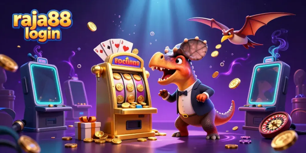 Experience the excitement of raja88 login as a dinosaur interacts with casino elements in a vivid 3D world.