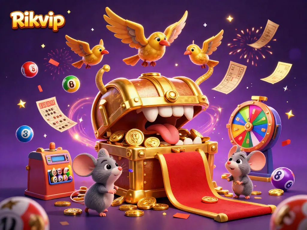 Experience the vibrant world of Rikvip with dynamic lottery elements and cartoon characters in an engaging casino scene.