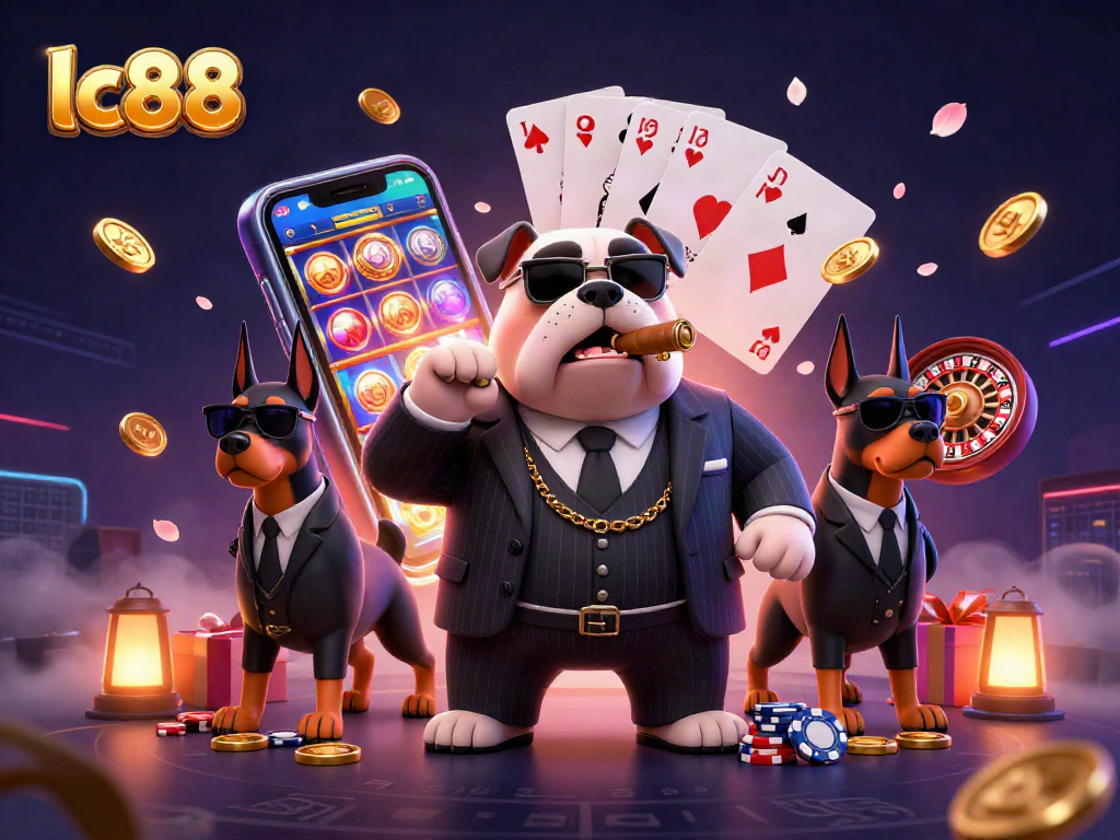 Engage with lc88's vibrant slot game experience featuring a mafia boss and bodyguards.