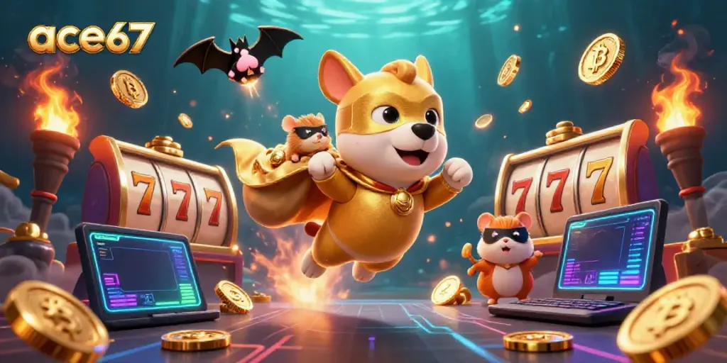 Experience thrilling slot games with ace67 featuring a heroic dog, gold coins, and vibrant casino elements.