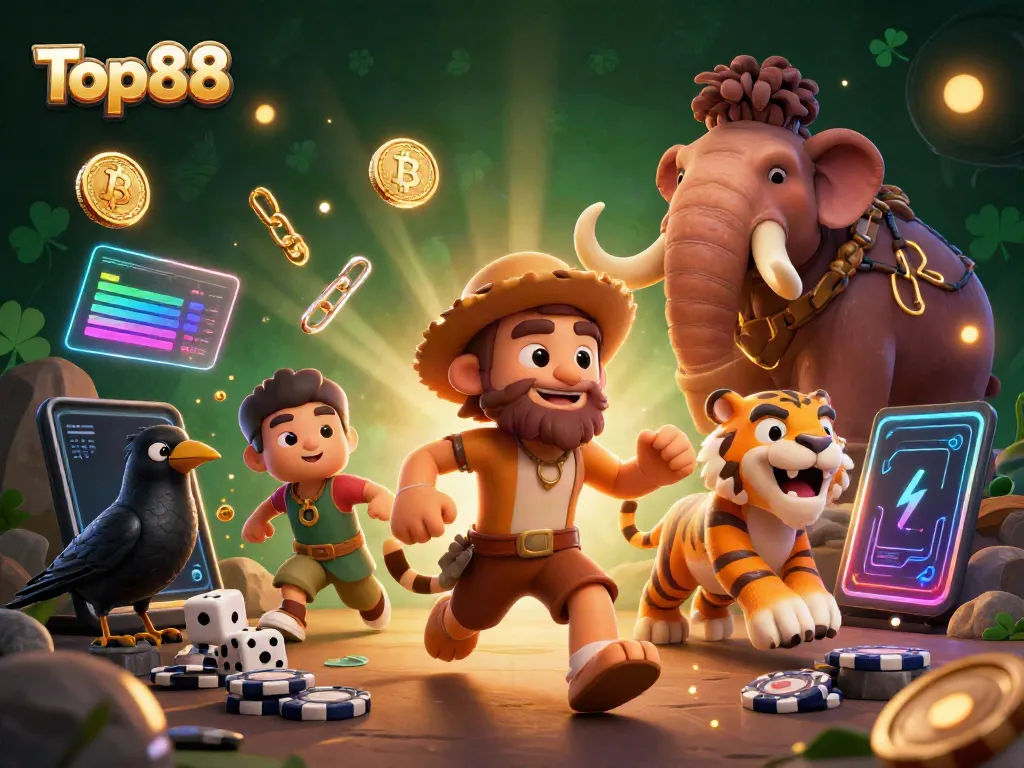 Engage with Top88's animated prehistoric casino scene featuring unique characters and crypto elements.