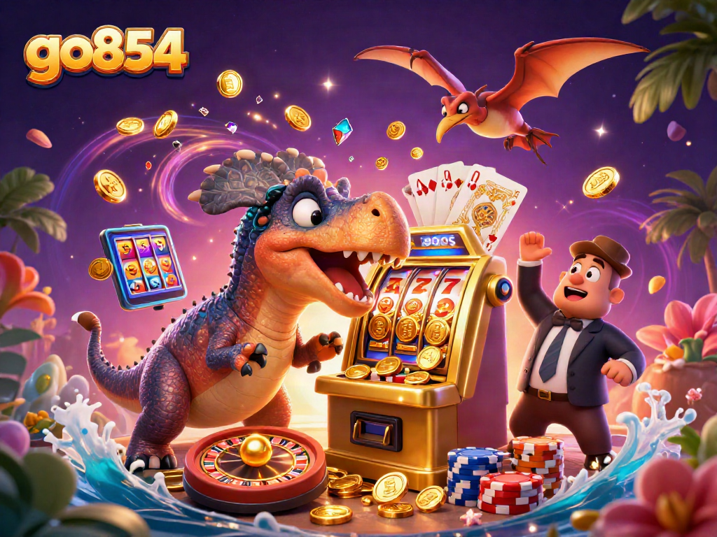 go854 offers a vibrant scene of a pachycephalosaurus playing slots, embodying online casino fun.