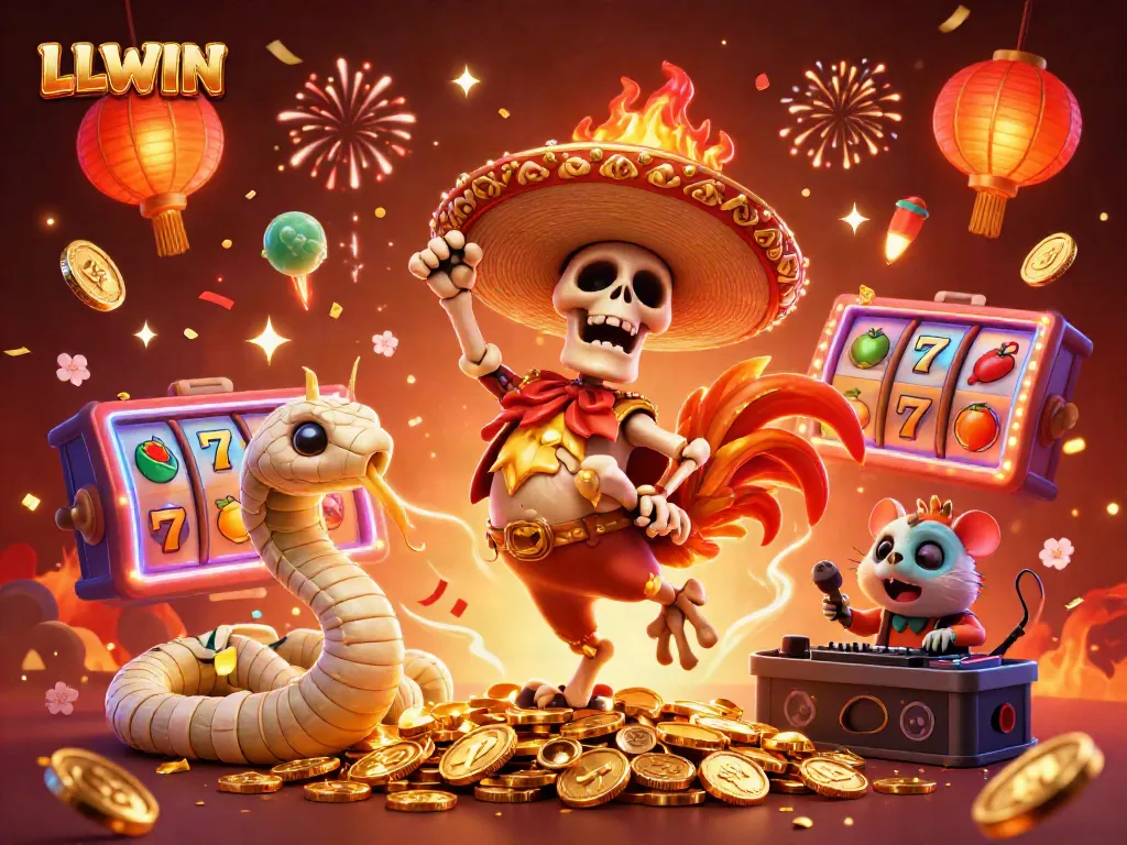 Experience the excitement of LLWIN with vibrant characters and slot game elements in this dynamic casino scene.