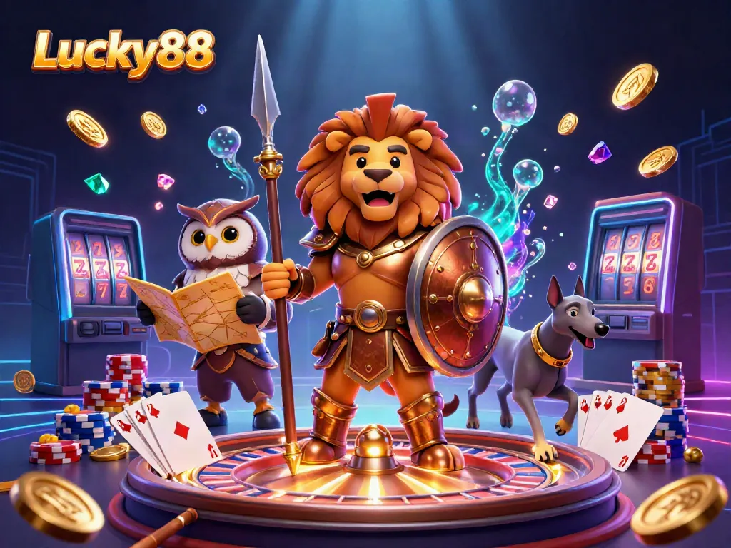 Experience Lucky88's thrilling adventure with dynamic casino elements and vibrant characters in a 3D illustration.