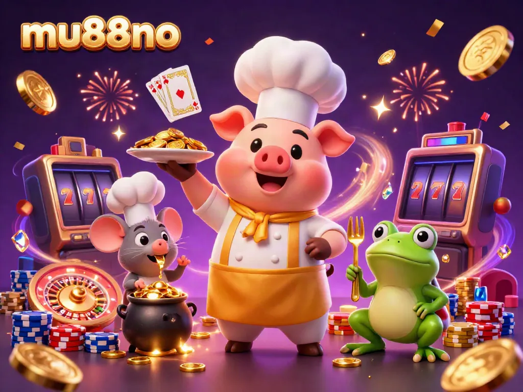 Experience mu88no's vibrant casino magic with a cartoon chef pig serving golden coins, surrounded by playful characters and dynamic elements.