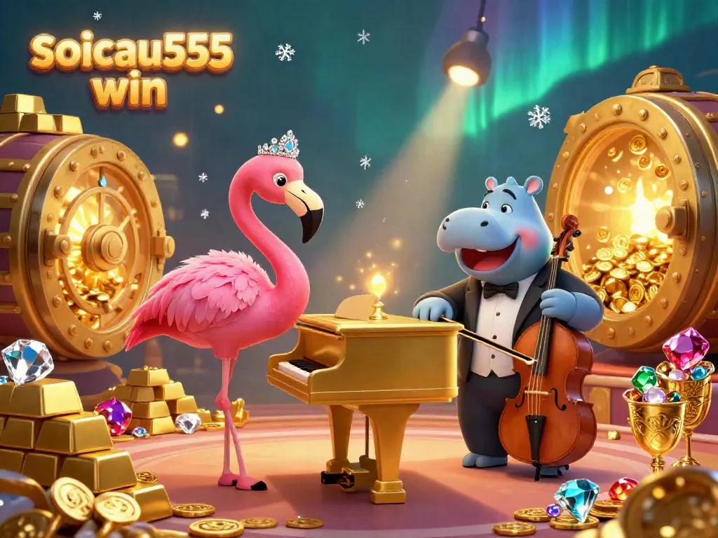 Engage with soicau555 win in a lively casino lounge, featuring jewels and golden treasures around vibrant characters.