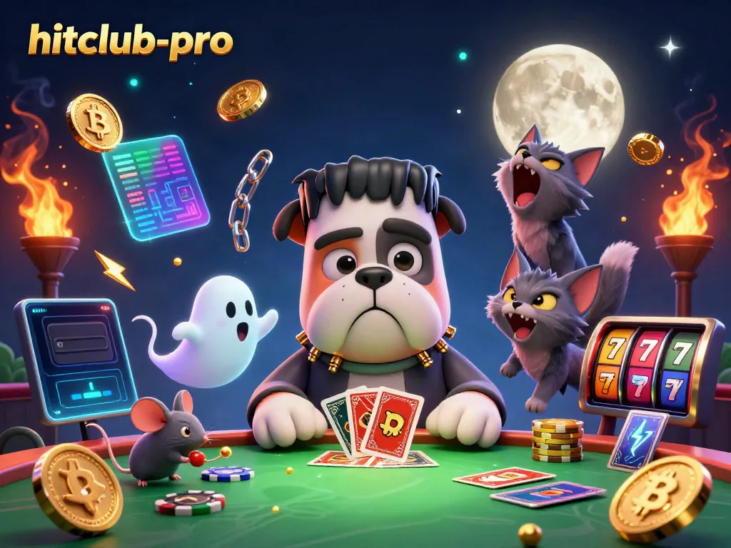 hitclub-pro showcases a monster dealer at a spooky table among glowing coins and a werewolf kitten.