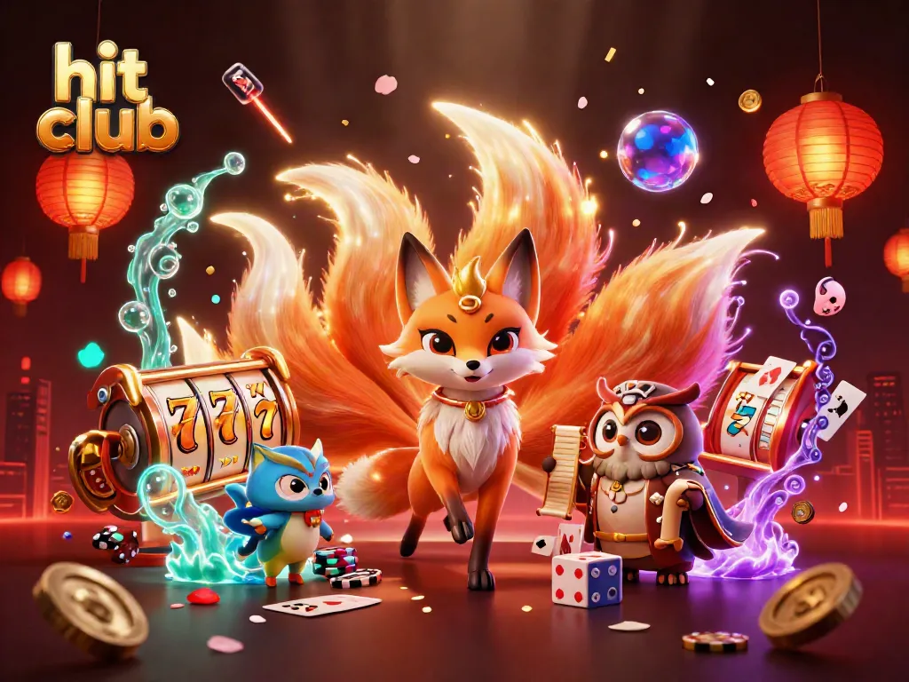 Hit club online casino 3D illustration featuring a nine-tailed fox, wise owl, and vibrant gaming elements.