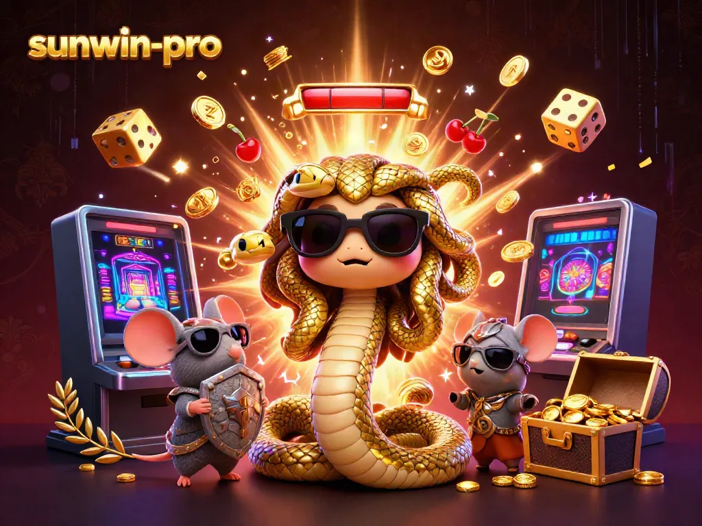 Experience the thrilling jackpot with sunwin-pro amidst a vibrant casino scene featuring Medusa and a warrior mouse.