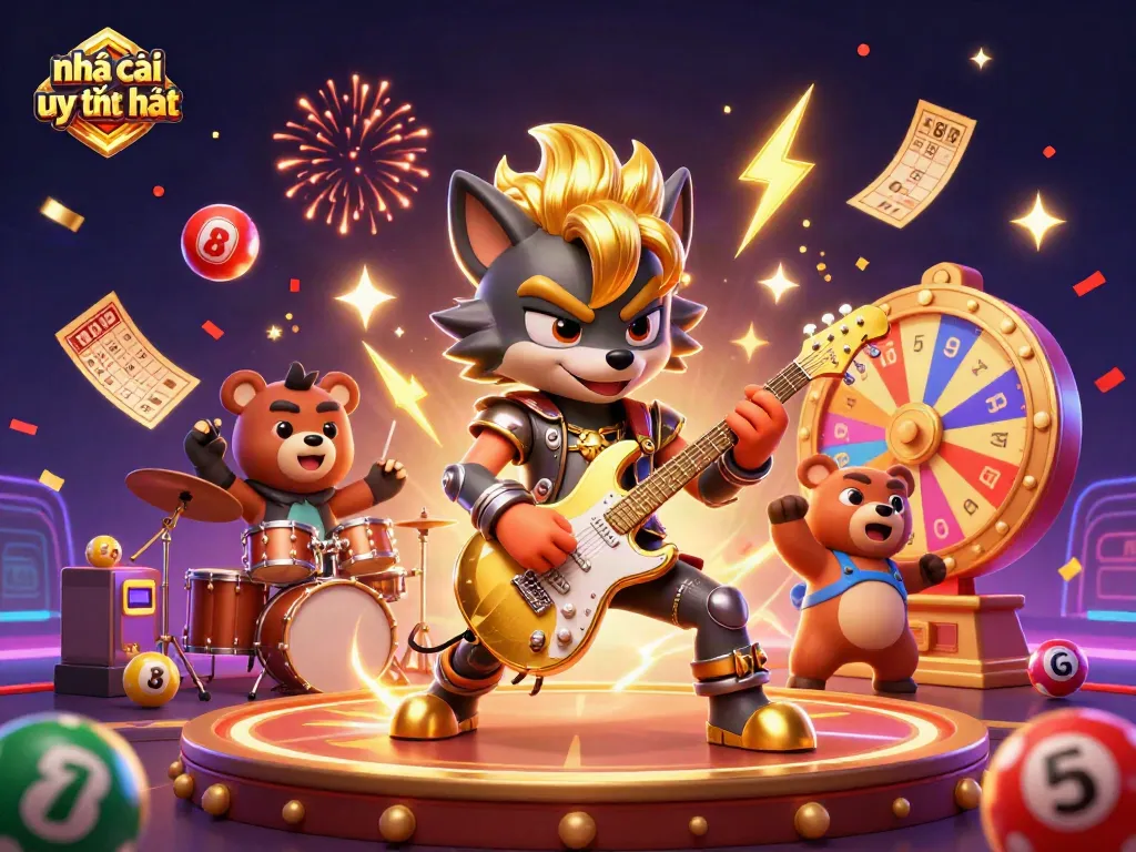 Engage with nhà cái uy tín nhất through an energetic 3D casino illustration showcasing vibrant game elements.