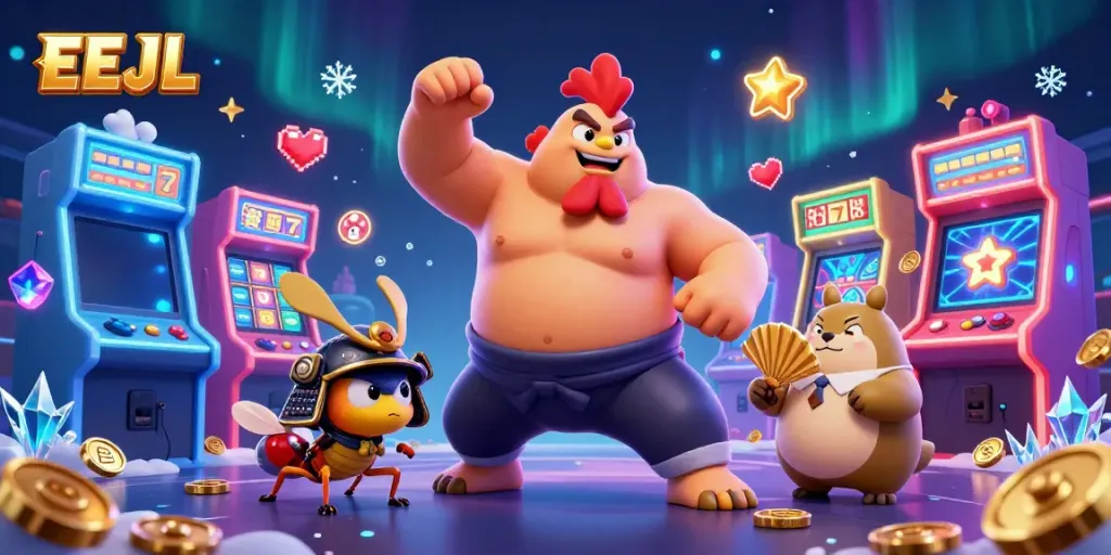 EEJL characters engage in an exhilarating casino gaming scene filled with vibrant arcade elements.