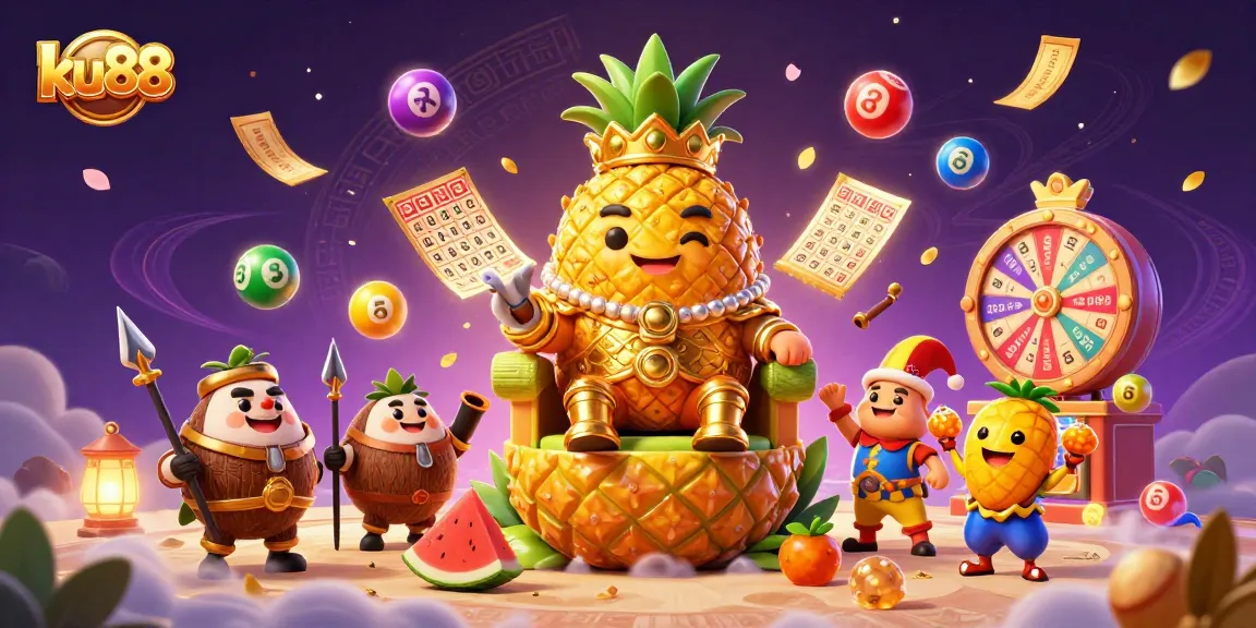 ku88 represents high-energy casino excitement with a vibrant 3D illustration featuring a golden pineapple king and dynamic gambling elements.