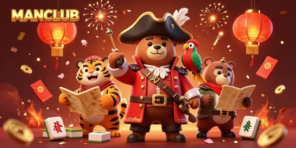 Experience thrilling gaming at MANCLUB with our lively 3D pirate scene celebrating victories and adventures.