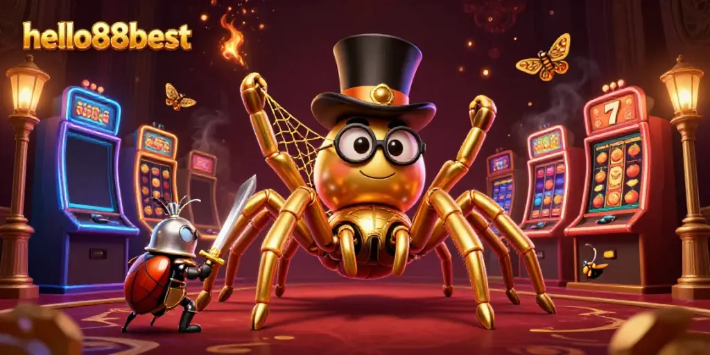 The brave beetle knight approaches the golden tarantula in a vibrant casino game scene featuring hello88best.