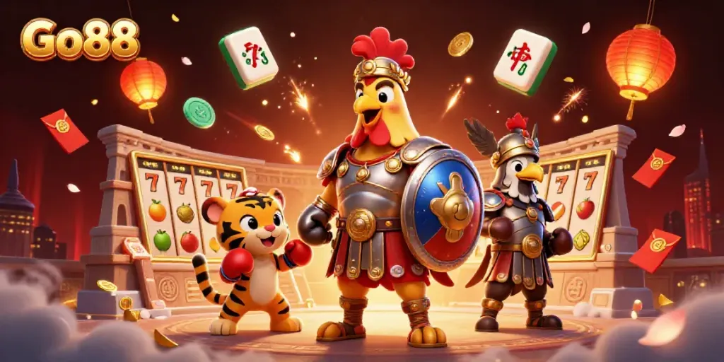 Engage with Go88 through vibrant online slots and dynamic gaming scenes in this colorful illustration.