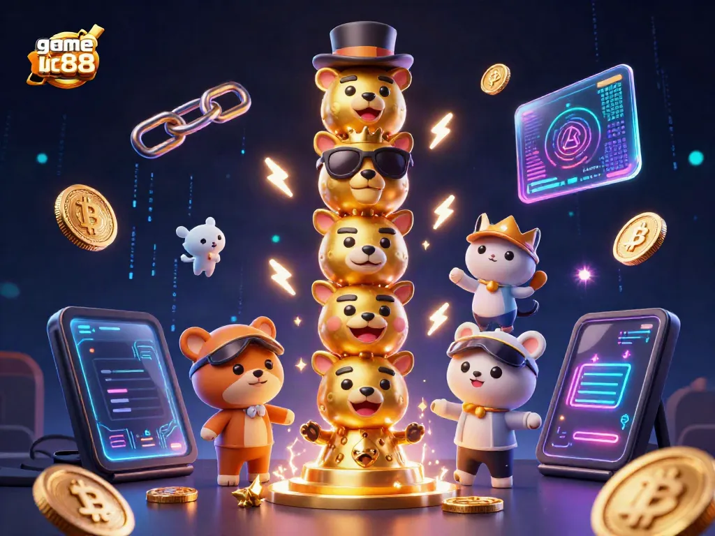 Engage in the thrilling game lc88 experience surrounded by a vibrant 3D casino scene with animated characters and blockchain elements.