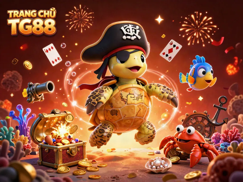 Engage with TRANG CHỦ TG88's vibrant casino experience with a playful underwater scene featuring a pirate turtle and treasure.