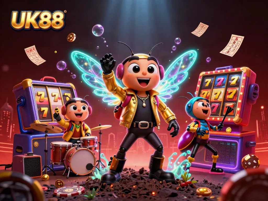 Join the excitement at UK88's vibrant casino scene with lively characters and dynamic elements.