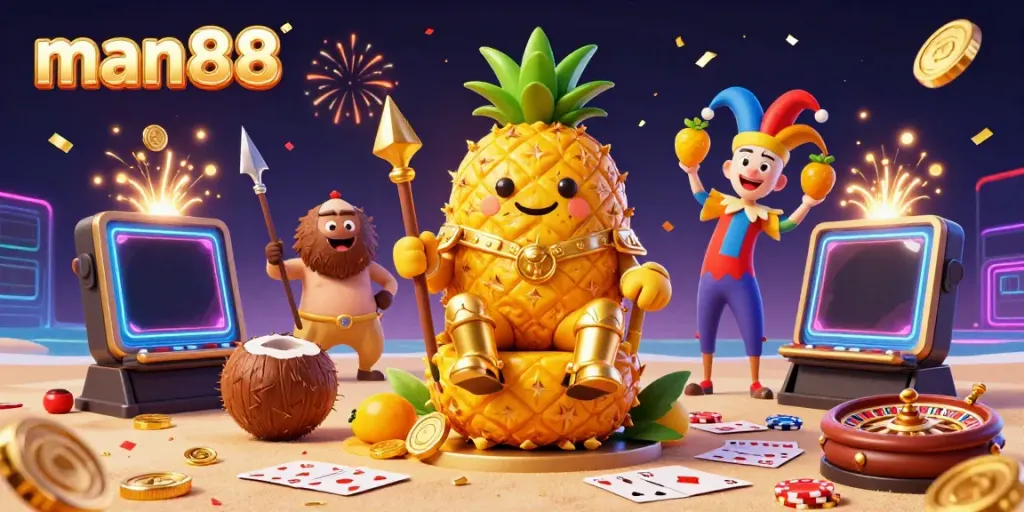 Experience the excitement of man88 with a golden pineapple king in a vibrant beach casino scene filled with slot games and festive elements.