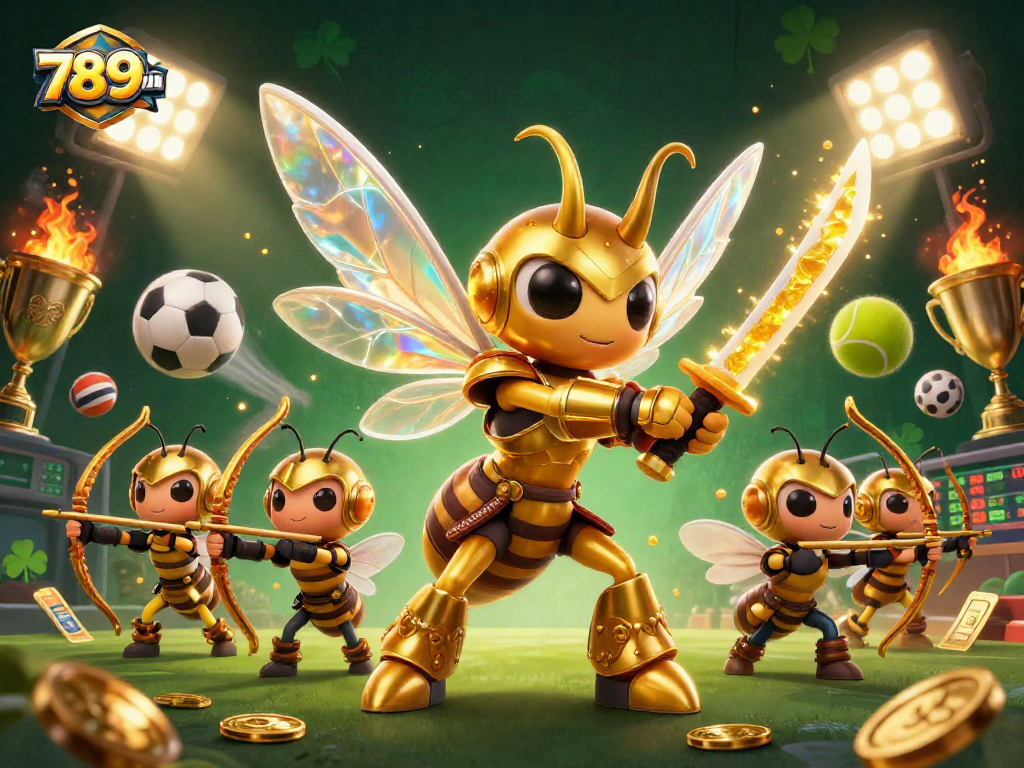 Bet on sports with 789win's dynamic 3D illustration featuring a giant hornet samurai and bee archers.