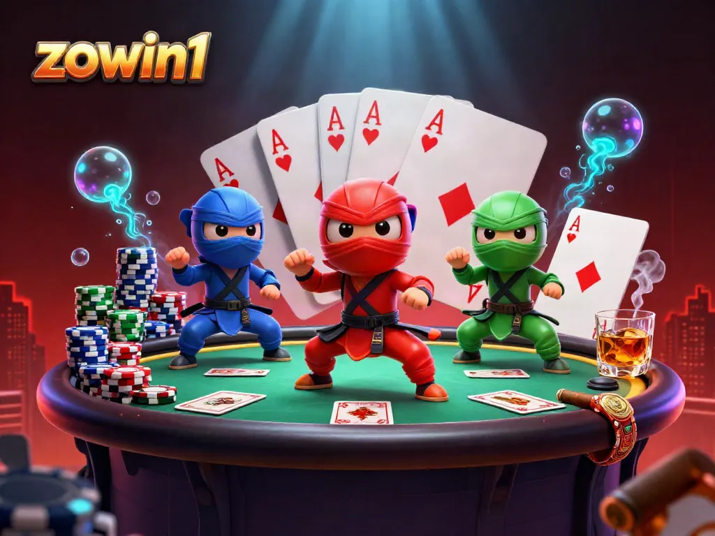 Experience exciting games at zowin1 with ninja chameleons in vibrant action along poker tables.