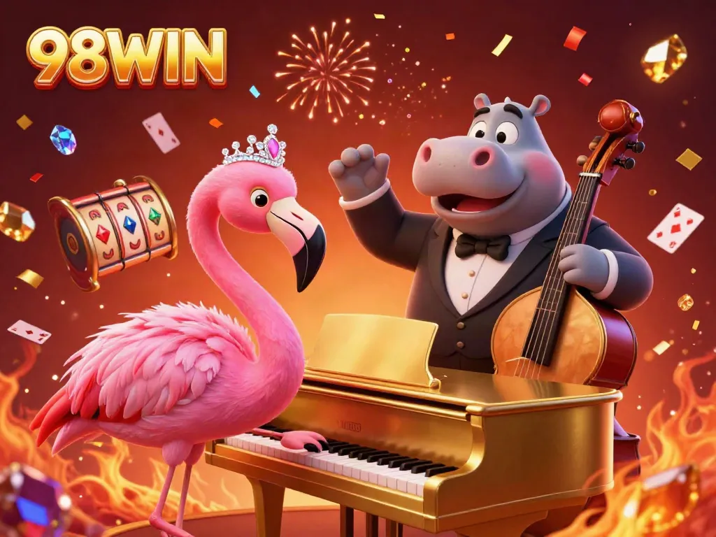 Engage in thrilling action with 98WIN's vibrant casino scene featuring a singing flamingo and lively hippo bassist.