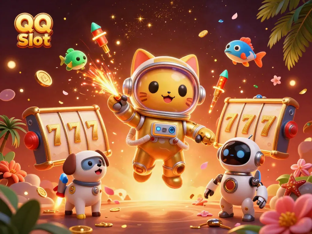 Experience QQ Slot's vibrant gaming universe with a floating astronaut cat, celestial companions, and dynamic slot elements.