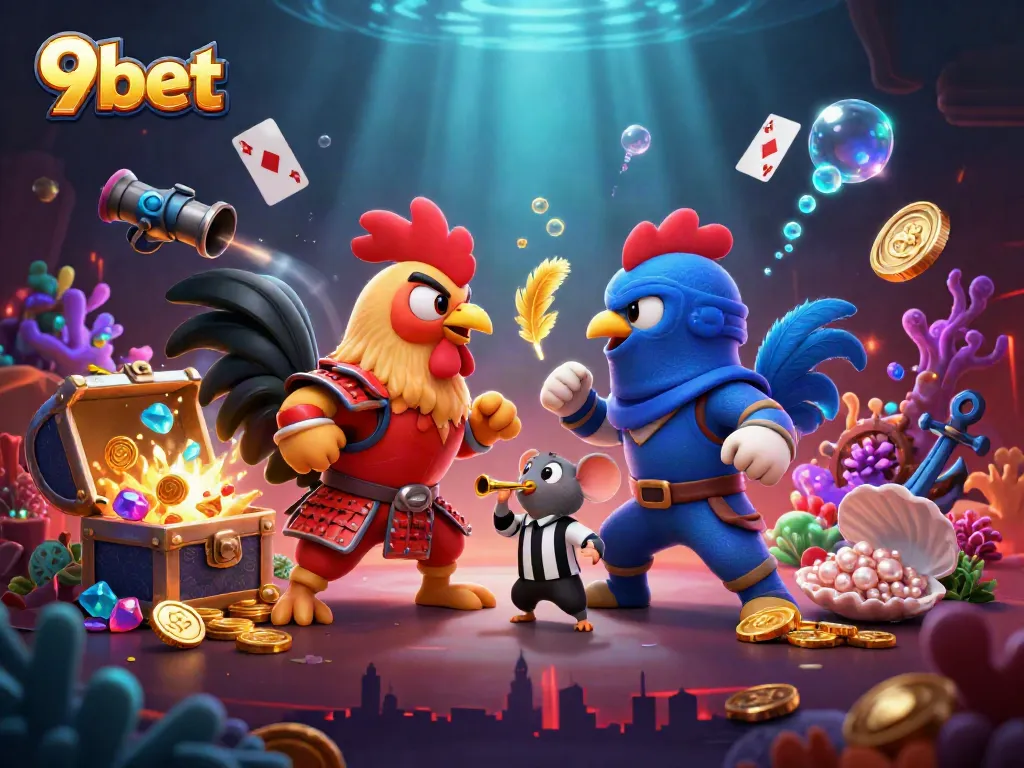 Engage in a thrilling face-off with 9bet’s dynamic scene featuring cartoon roosters engaged in an epic duel.