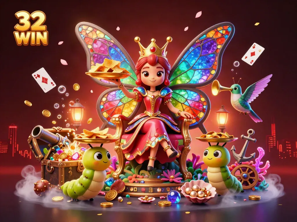 Engage with the vibrant world of 32 WIN's fantasy casino featuring colorful characters and dynamic treasures.